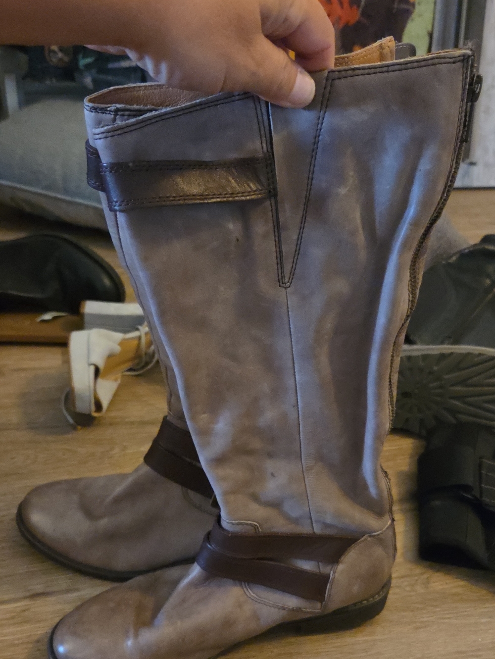 Montana Tall Taupe Leather Riding Boots with Dark Brown Trim